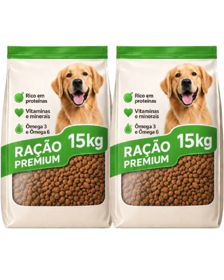 Dois sacos de 15 kg de ração premium, somando 30 kg