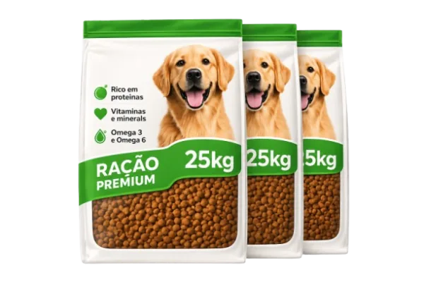 Três sacos de 25 kg de ração premium, somando 75 kg